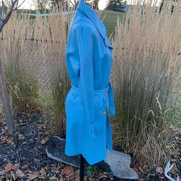 Vintage 60s 70s Faux Leather Trench Coat Belted Light Blue Overcoat - Picture 5 of 16